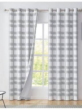 White Light Grey Plaid Blackout Window Curtain Panel 50"x84"x2 (023)